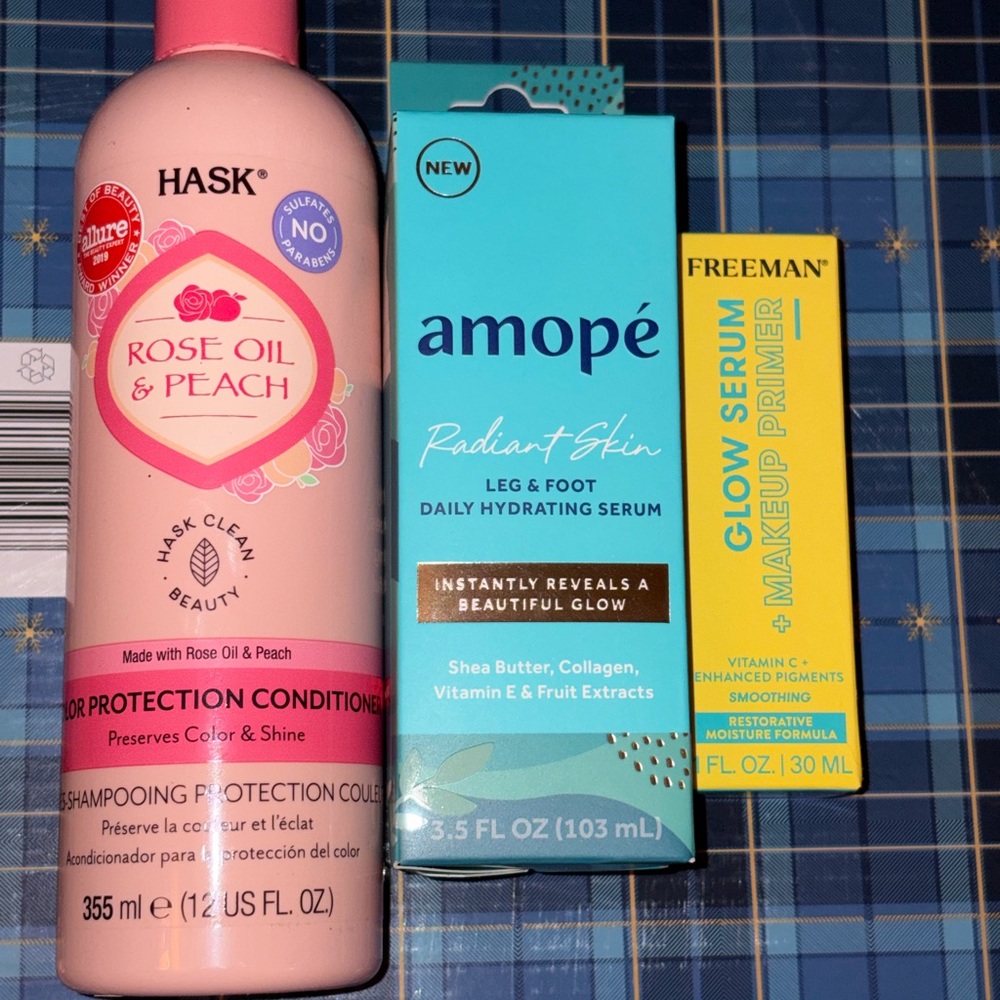 3 PC Beauty Bundle: Hask Rose Oil & Peach 12oz, Amope Leg Serum, Freeman Primer